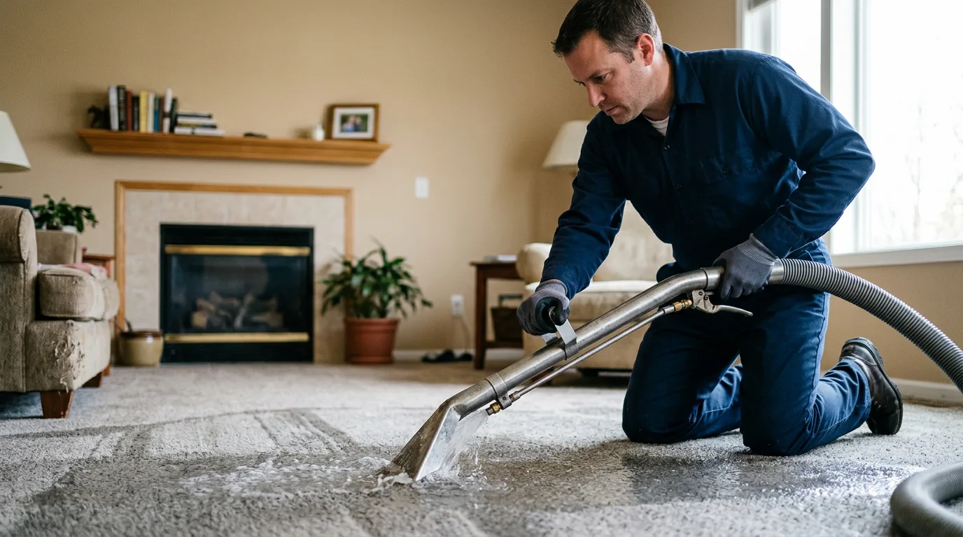 Water damage restoration technician working in a home in Texas